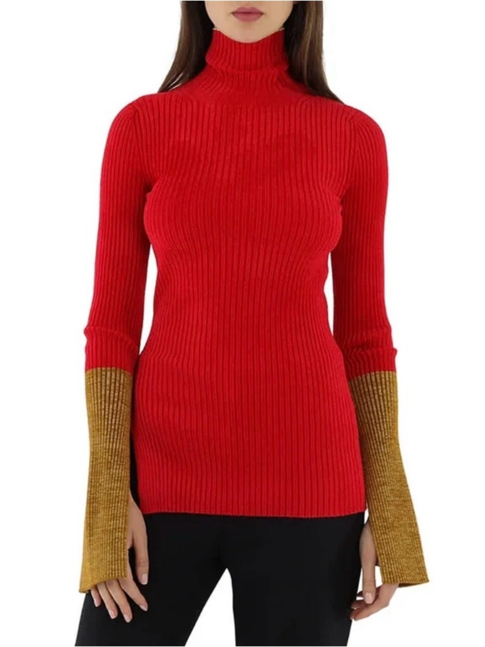 Moncler Red Ribbed Turtleneck Sweater with Gold Sleeve Cuffs